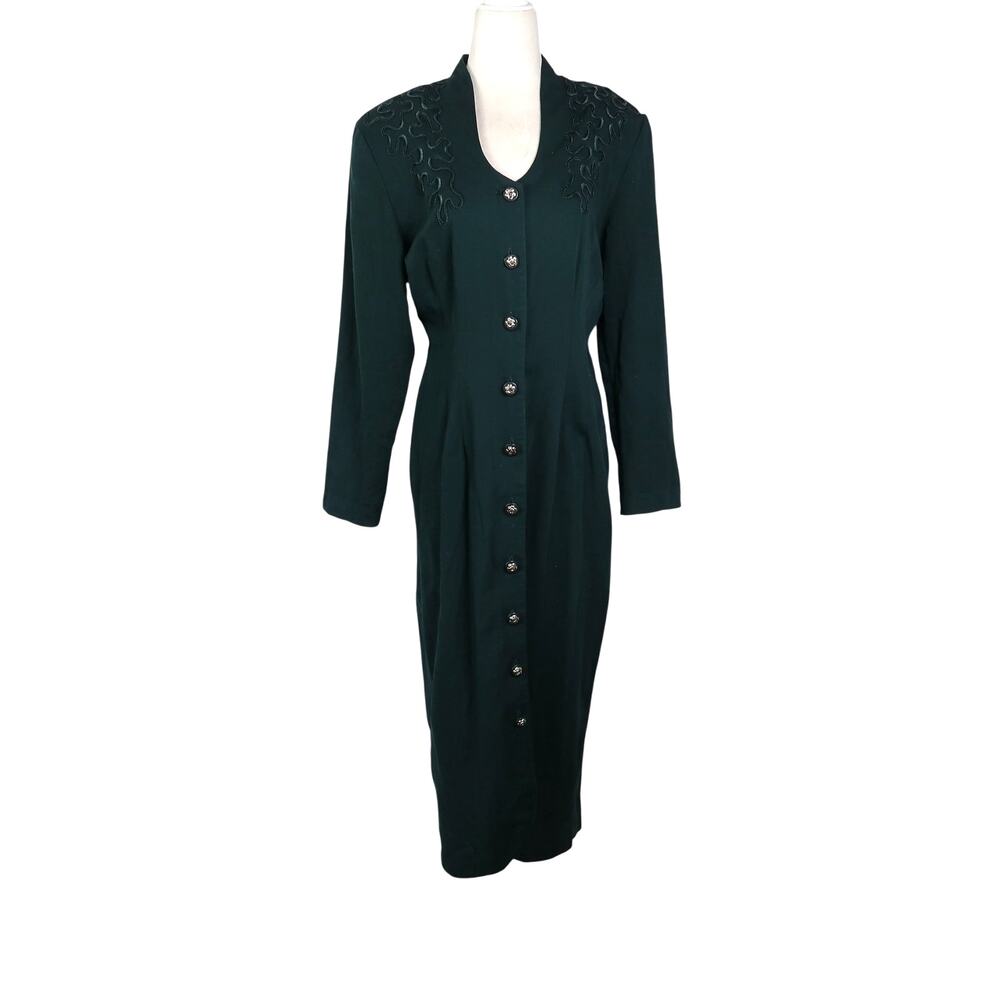 Vintage 90s Concepts Dark Green Button Front Maxi Pencil Dress L